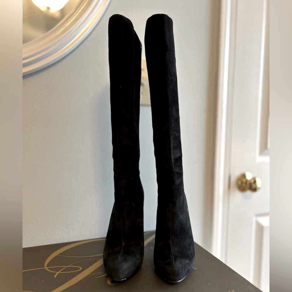 Black suede high heel boots
